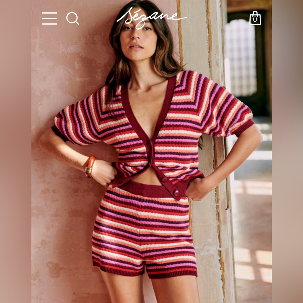 Sezane Eliam Shorts. Striped Knit. Size Small. Burgundy white orange red pink - Picture 2 of 9
